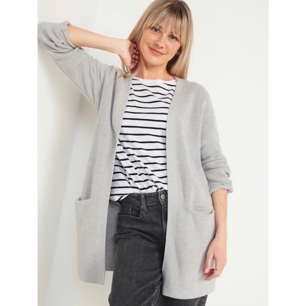 Old Navy Gray Textured Shaker-Stitch Long-Line Open Front Cardigan- Size Large